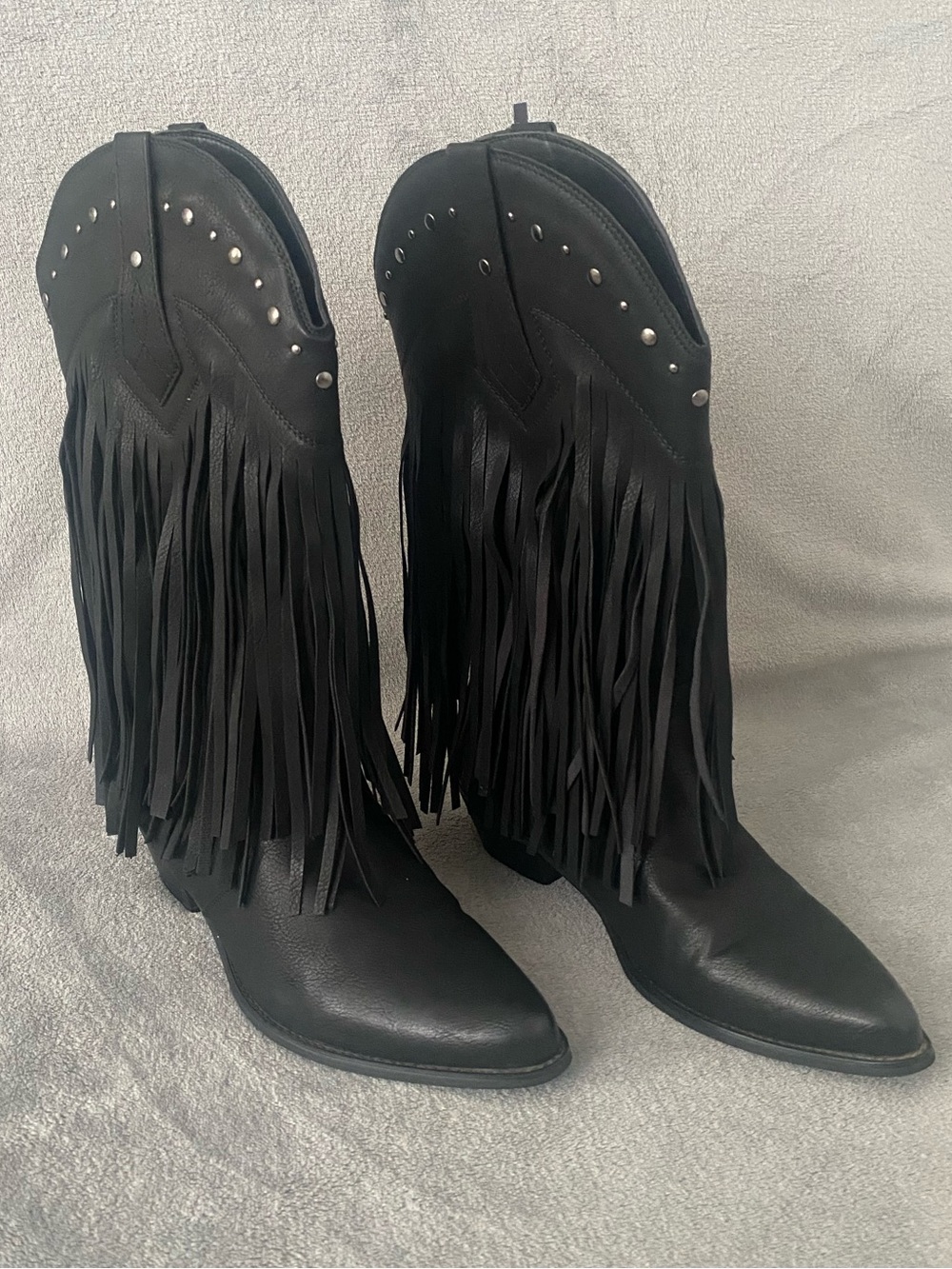 SheSole Women’s Fringe Western Boots Wide Calf Black Studded Cowboy Boots Sz 42